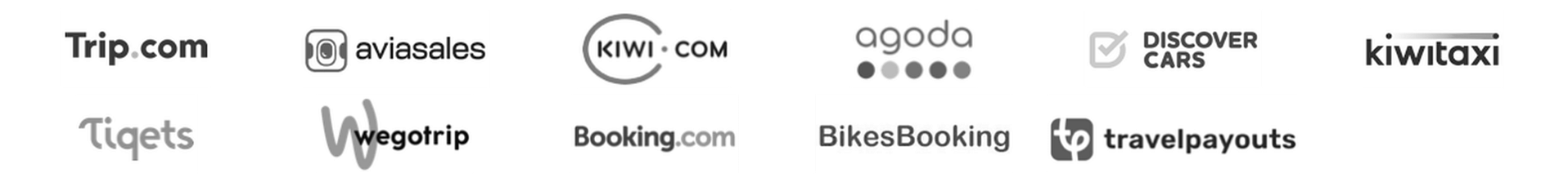 collage of travel-booking site logos tripcom aviasales kiwicom agoda discover cars kiwitaxi tiqets wegotrip bookingcom bikesbooking travelpayouts Collage of travel-booking site logos: Trip.com, Aviasales, Kiwi.com, Agoda, Discover Cars, Kiwitaxi, Tiqets, Wegotrip, Booking.com, BikesBooking, Travelpayouts