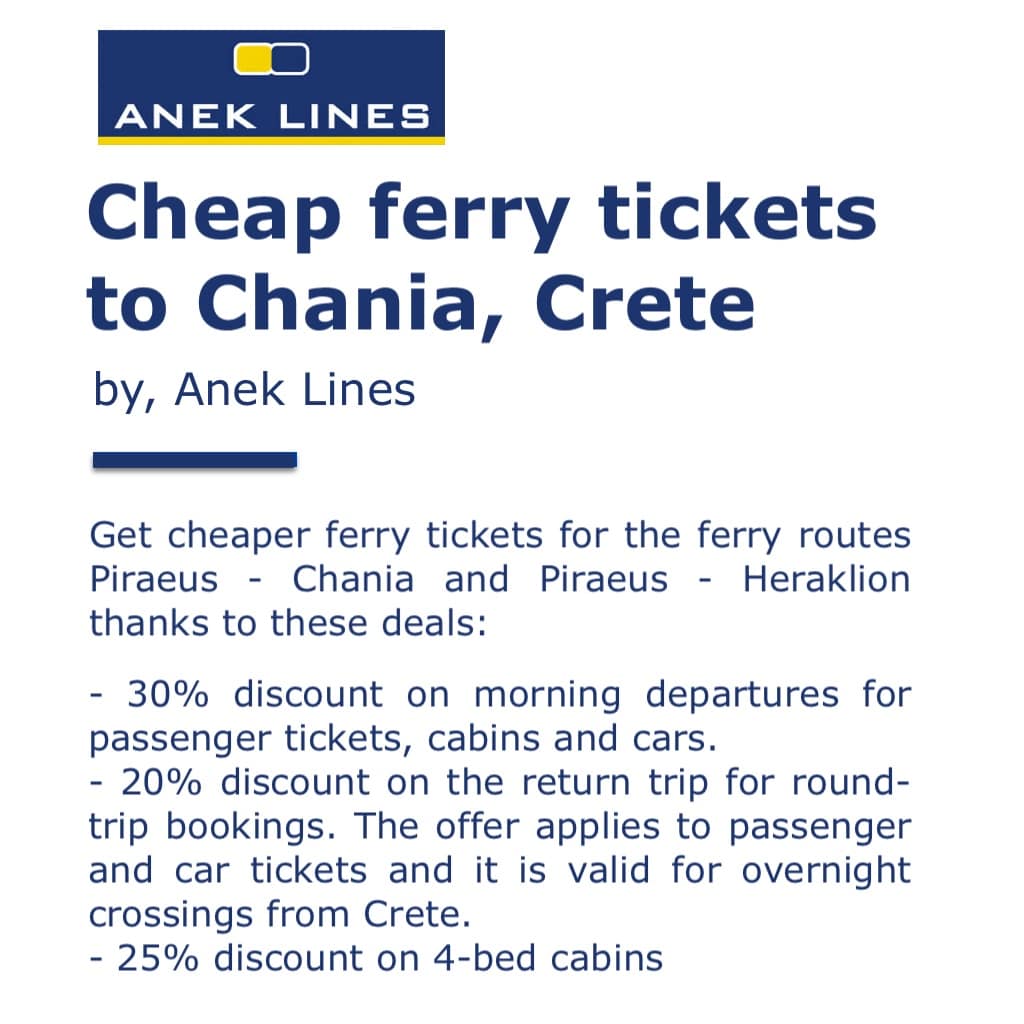 Anek Lines cheap ferry tickets to Chania, Crete and discounts for departures and returns (promo image).