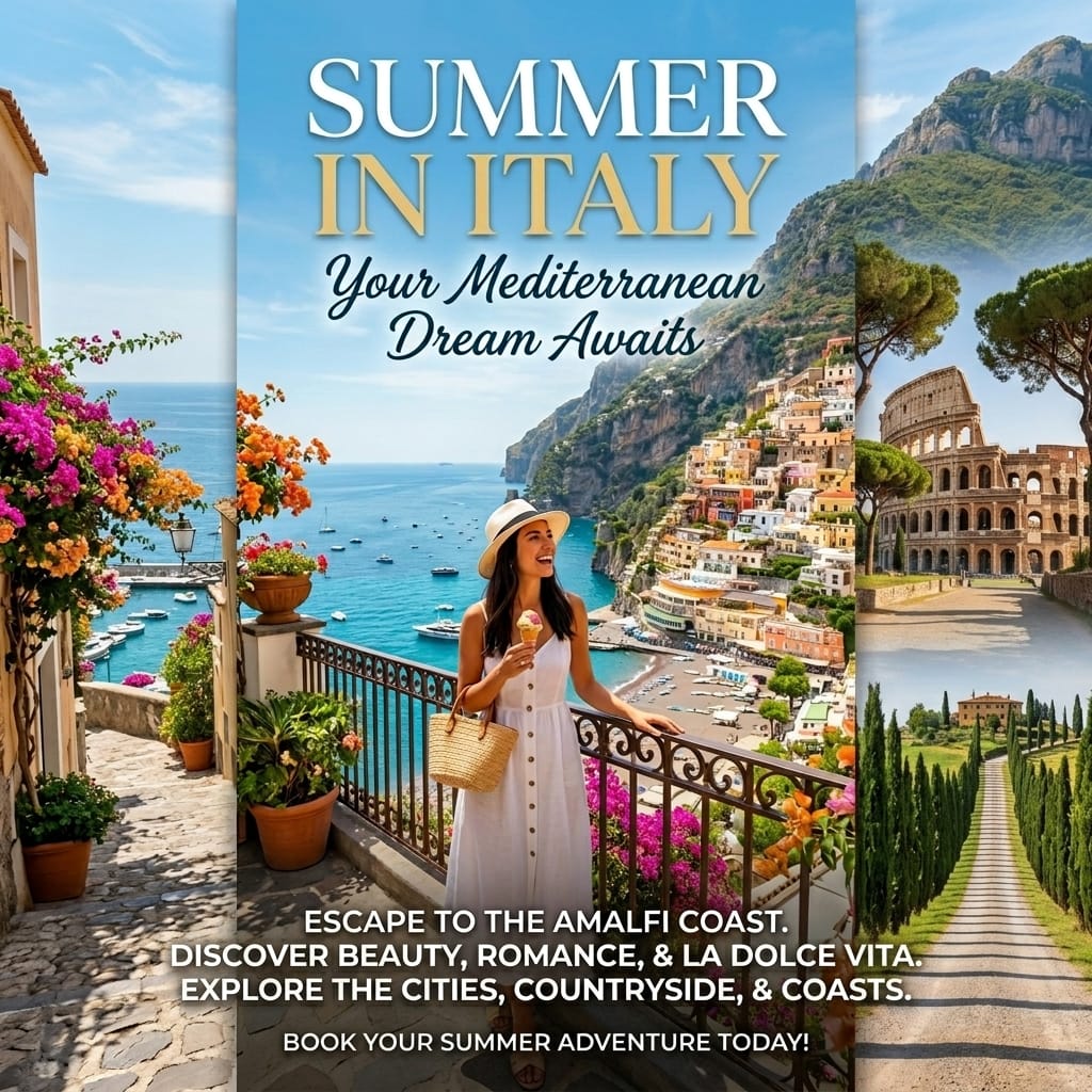 Travel poster promoting a summer trip to Italy: a woman in a white dress stands on a terrace overlooking the Amalfi Coast with colorful towns and the sea, under a large 'SUMMER IN ITALY' title.