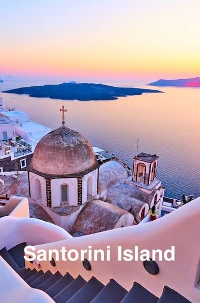 Evening view of Santorini with whitewashed stairs and a domed church in the foreground, caldera and pastel sunset over the Aegean.